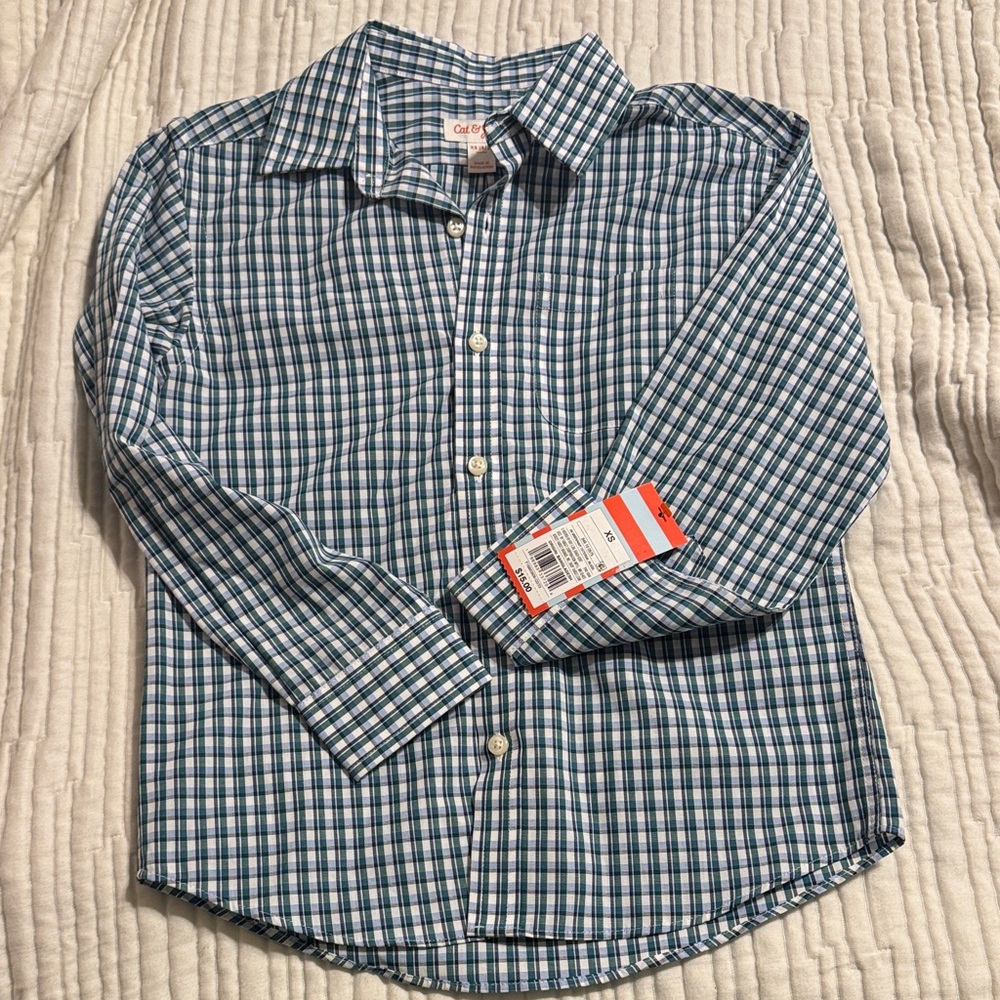 Cat & Jack Navy, Green and White Plaid Shirt